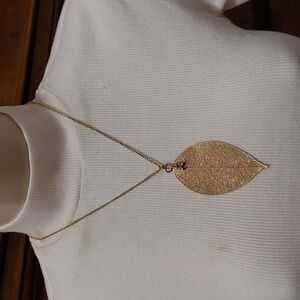 Delicate Leaf Skeleton Pendant with Eiffel Towet Charm Gold Tone Necklace